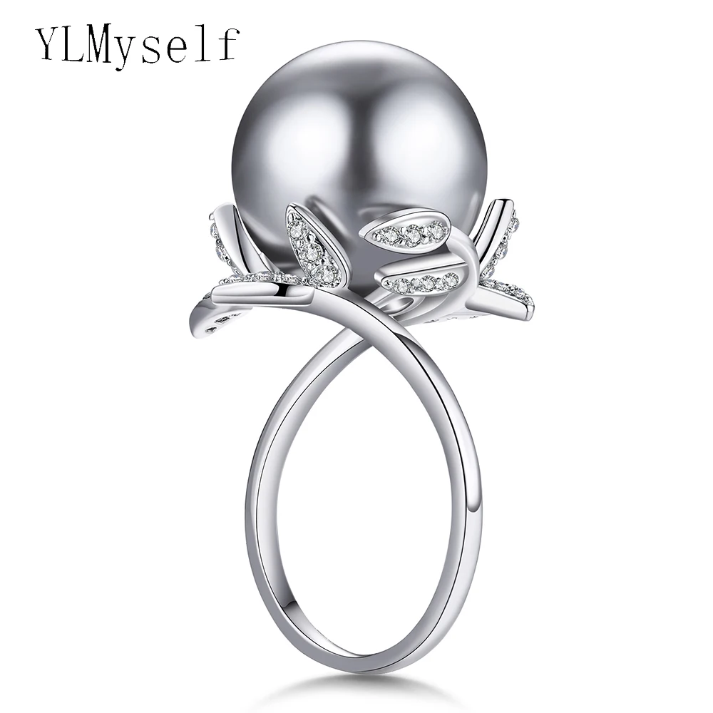 

Fantastic Leaf ring with big Grey Pearl Trendy White jewellery dropshipping anel anillos aneis female jewelry rings