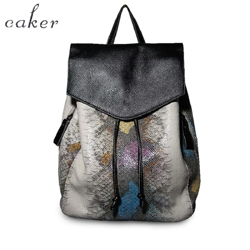 Caker Women Backpack PU Leather School Bags Female Serpentine Prints Drawstring Backpacks Drawstring Alligator Backpack For