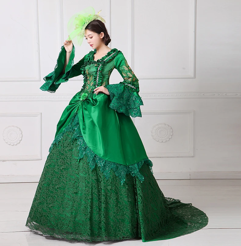 Renaissance Fair Королевский Зеленый Элизабет бальное платье Мария-Антуанетта medeival период платье со шлейфом воссоздание Платья для женщин