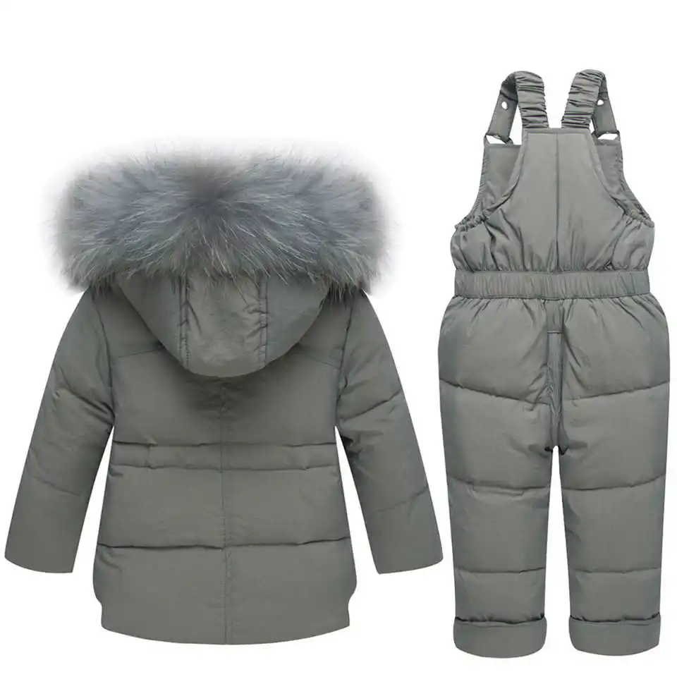Теплый лыжный костюм на утином пуху для мальчиков и девочек на русскую зиму-30 градусов верхняя одежда для малышей, пуховик с меховым капюшоном комплект детской одежды