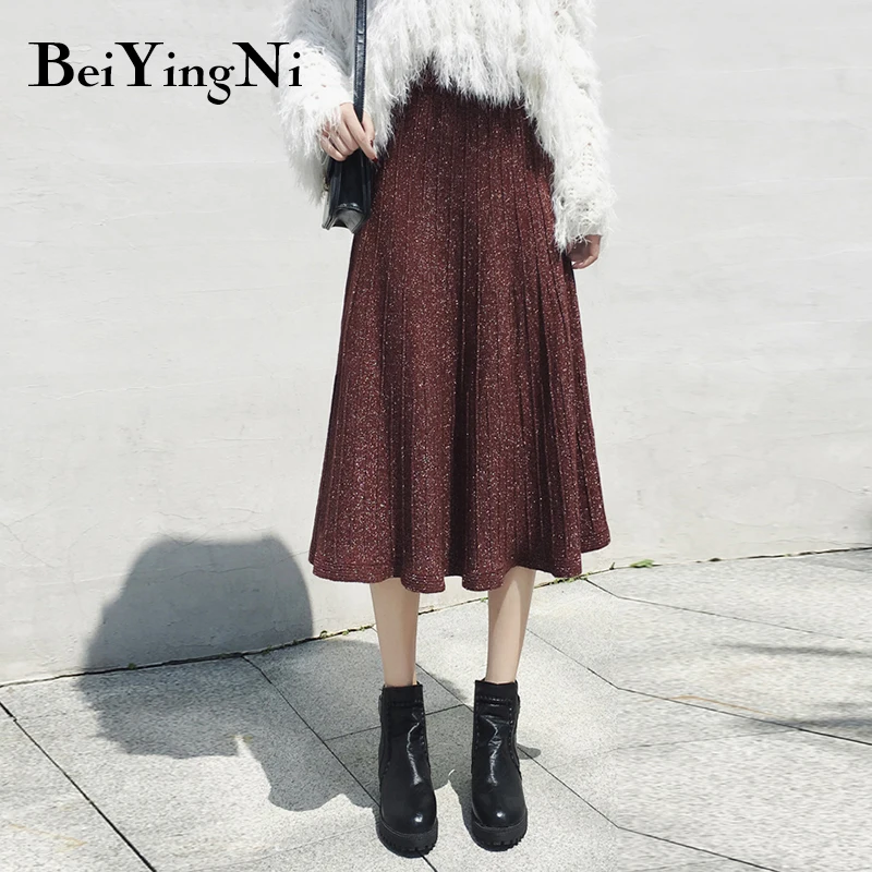 Beiyingni осенне-зимние женские юбки винтажная плиссированная юбка с высокой талией шикарная однотонная Корейская Повседневная Женская трикотажная мода