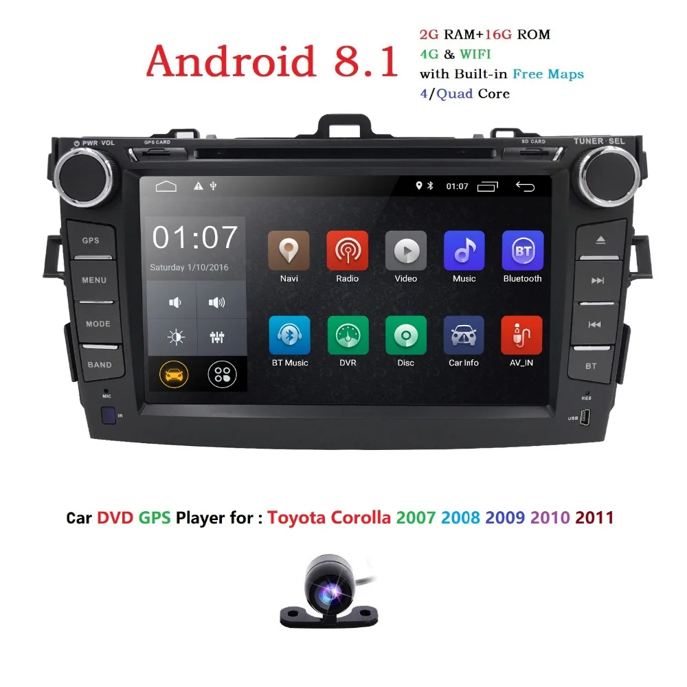 

Two Din Android8.1 Car DVD Player For Toyota Corolla 2007-2011 Radio Stereo Support GPS WIFI 4G Bluetooth WIFI OBD2 DAB+Camera