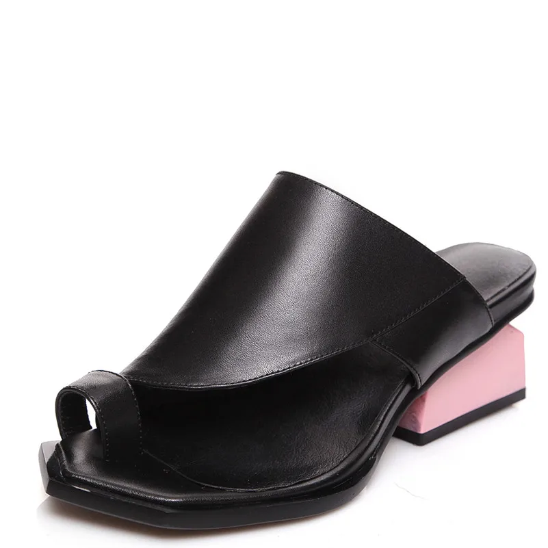 

2019 Genuine Leather Mules Female Shoes Woman Flip Flops Ladies Med Heels Sandals Women Comfort Casual Shoes Women