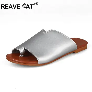 

REAVE CAT Woman flat Slippers Ladies summer beach sandals Basic Clip toe slides Slip on Black Silver bling shoes Big size 45 46