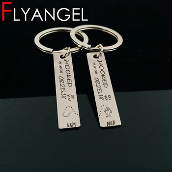 

Fashion Custom Name Initial And Data 2 PC Keychain Engraved Hooked Fish Lover Car Key Tag Gifts For Lover Couples Keyring