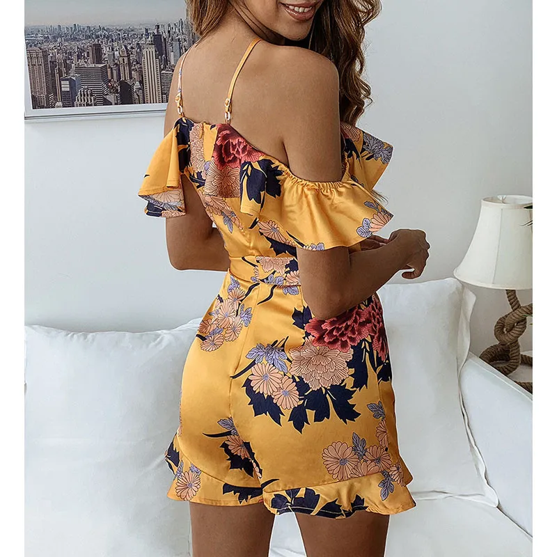 DORVIVON Combinaison Femme 2019 Ruffles Sexy Halter Women Playsuits and Rompers Floral Print Boho Beach Overalls Body Mujer