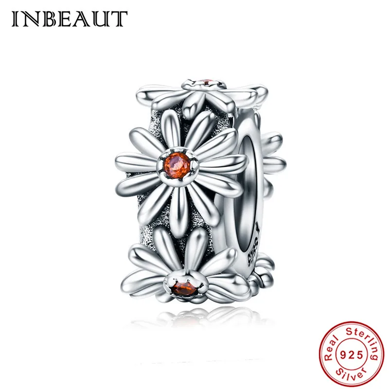 

INBEAUT Hot Sale 925 Sterling Silver Brown Cubic Zirconia Centred Stone Sun Flowers Pendant Beads fit s925 Charm Bracelet