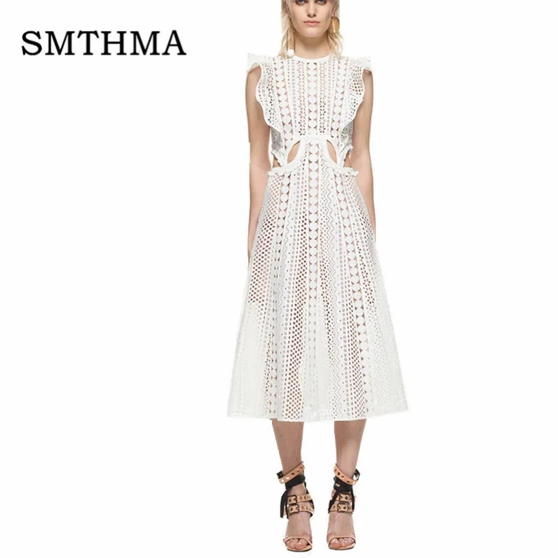

2019 New arrival High quality Self Portrait Dress Runway summer Sleeveless white Long Dress Sexy hollow Hot waist Lace Dress