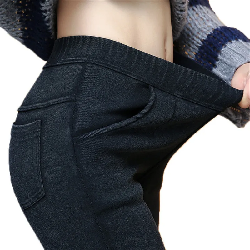 Женские тонкие Стрейчевые Теплые лосины из джинсовой ткани, джеггинсы, узкие брюки, плотные обтягивающие леггинсы, большой размер 6XL, джинсы, женская одежда