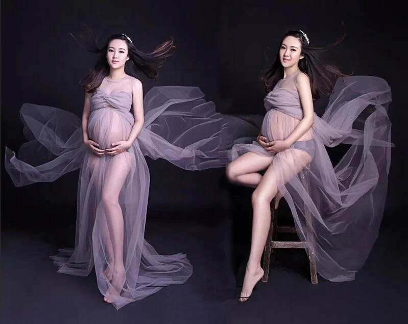 Высокое качество модное платье для беременных серебристо-серое платье Двухслойное газовое Платье для фотосессии для беременных женщин