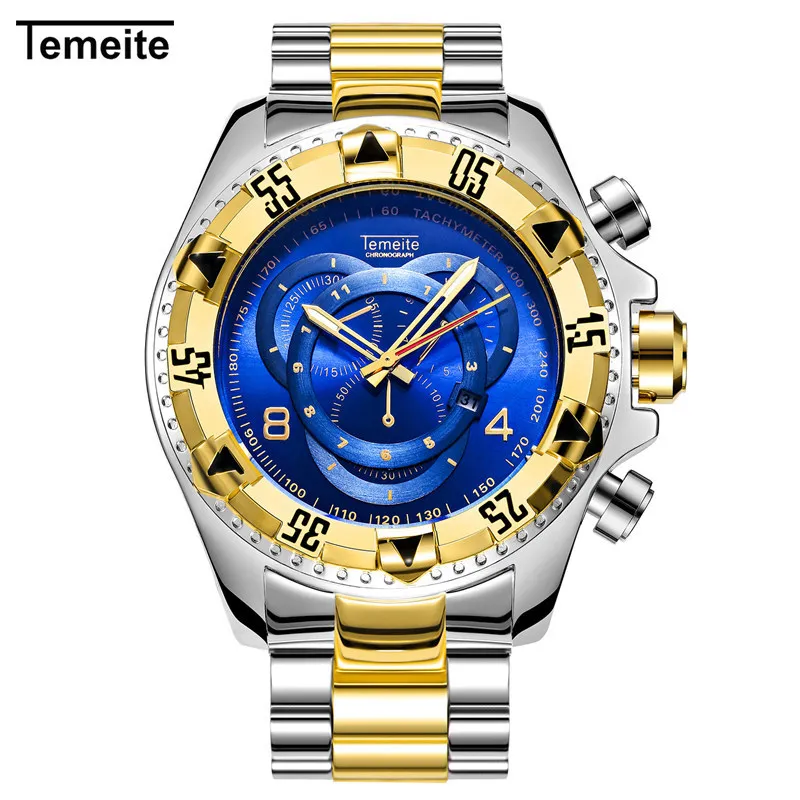 Temeite Gold Men Watch Top Brand Luxury Quartz Wristwatch Big Dial Stainless Steel Watches Male Fashion 2