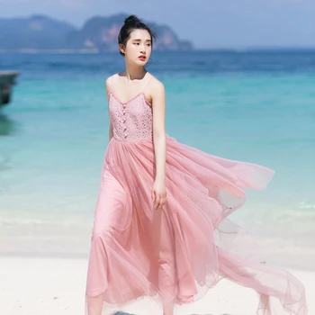 

IRINAW618 original design summer 2018 new arrival women sleeveless spaghetti straps long lace patchwork tulle dress beach style