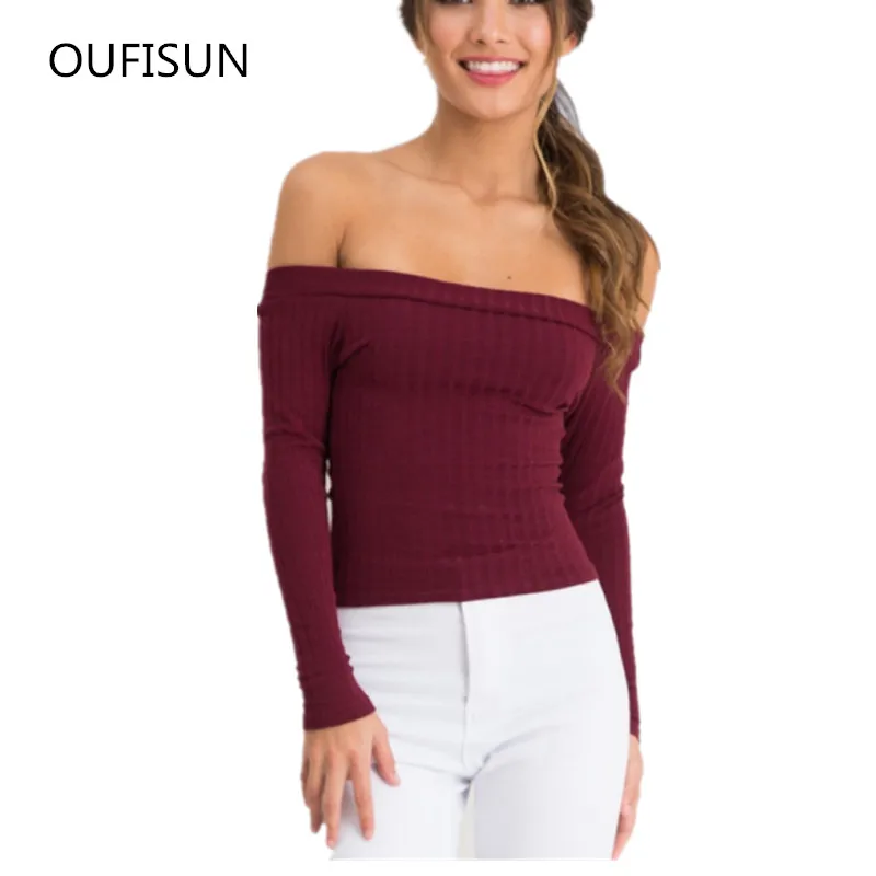 

Oufisun Off Shoulder Crop Women's T Shirt Long Sleeve Solid Short T-shirt Women Slash Neck Cotton Shirt Femme White