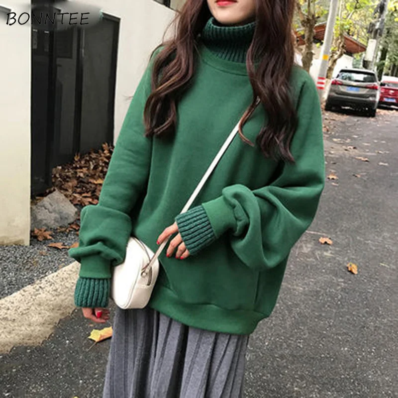 

Hoodies Women Solidk Warm Thicker Plus Velvet Turtlenec Womens Hoodie Korean Style Soft Leisure Simple All-match Trendy Chic New