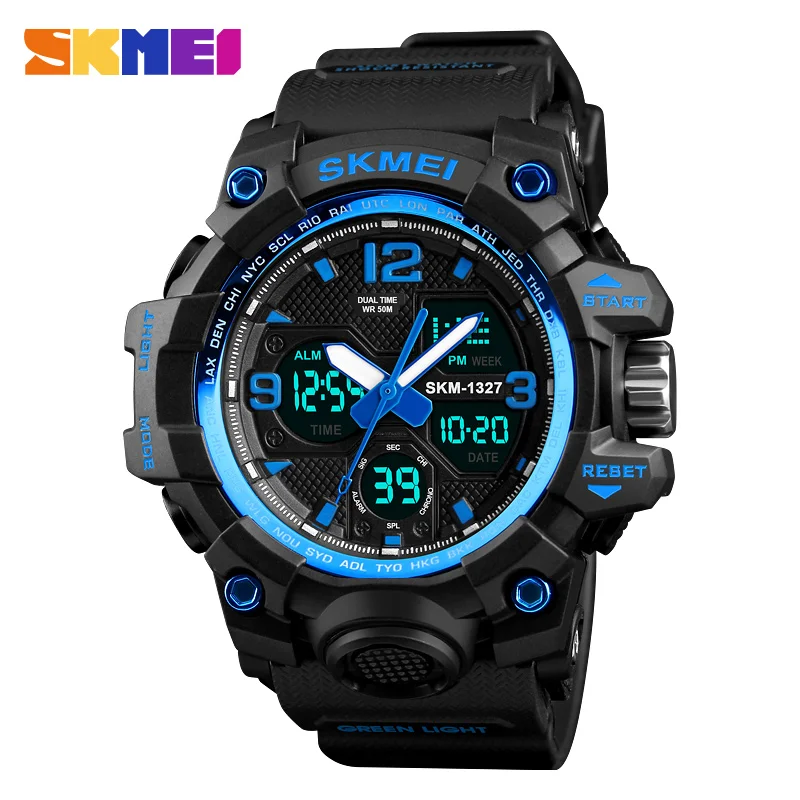 

SKMEI 1327 Men Sport Outdoor Waterproof Watch Chrono Alarm 2 Time 12/24 Hour Wristwatches Quartz Dual Display Digital Back Light