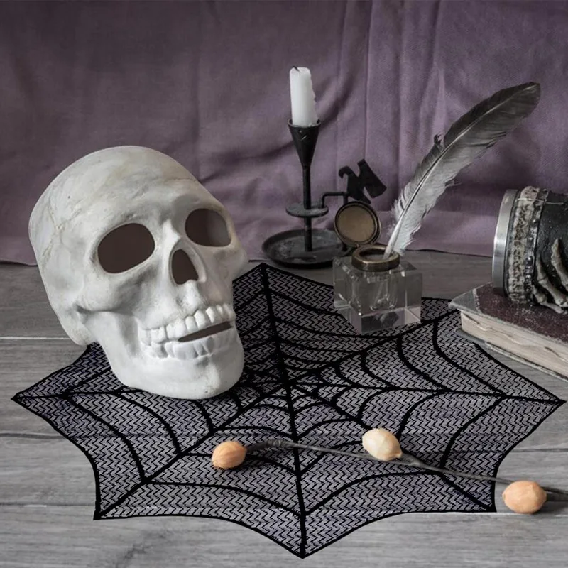 

OurWarm 100pcs 30 inch Halloween Table Backgrounds Decoration Lace Spider Web Table Topper Polyester Tablecloth Table Covers