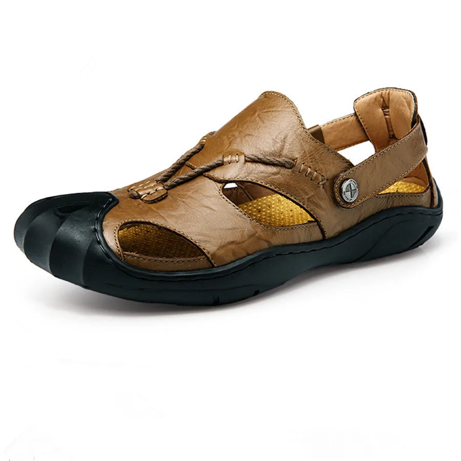 Лето стиль Мужская мягкое дно вырез Baotou сандалии Удобные сандалии на плоской подошве кожа большие размеры мужские уличные пляжная обувь