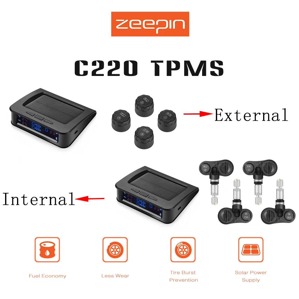 Zeepin C220 солнечные TPMS автомобильных шин Давление Мониторы Системы 4 внешних или внутренних Датчики