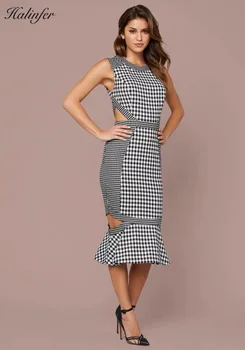 

Halinfer 2019 new summer women dress sexy bodycon O-Neck plaid Hollow out bandage dress black party dresses vestidos
