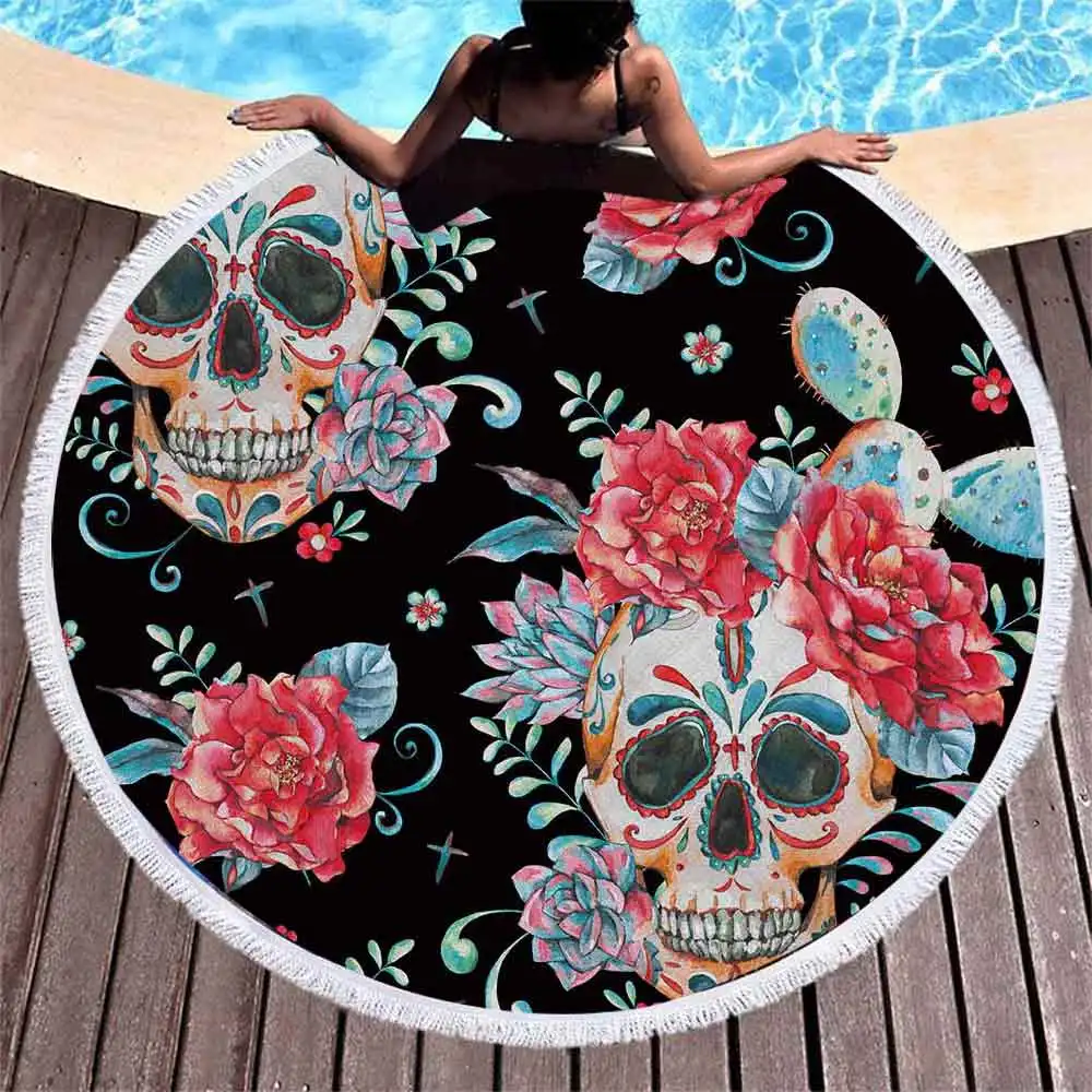 Lannidaa Painted Sugar Skull Round Beach Towel For Adults Floral Microfiber Bath Towels
