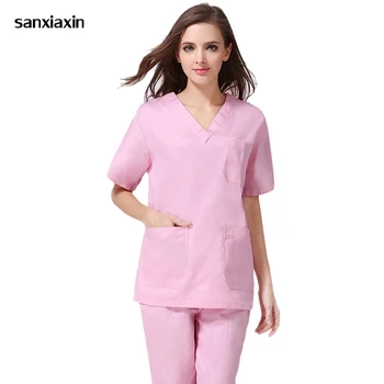 

sanxiaxin Fashion Women Medical Uniforms Nursing Clothes Short Sleeve Work Wear V Neck Solid Summer Short Sleeve Nurse Uniform
