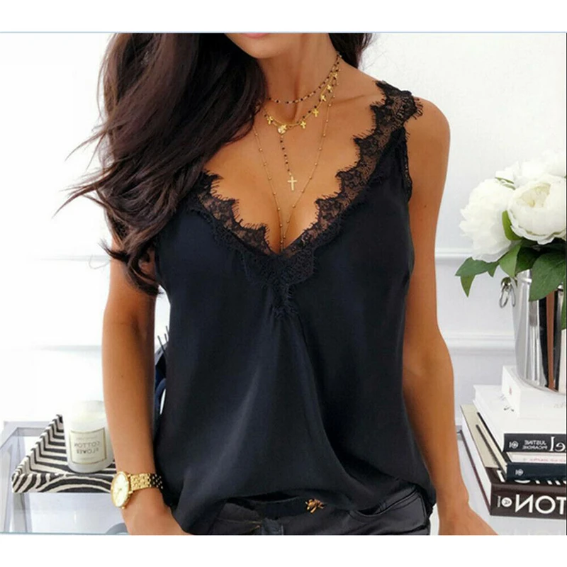 

Women's Sexy V Neck Tank Tops Ladies Sleeveless Lace Vest Summer Loose Tops Fashion Black Tops Beach Party Wear
