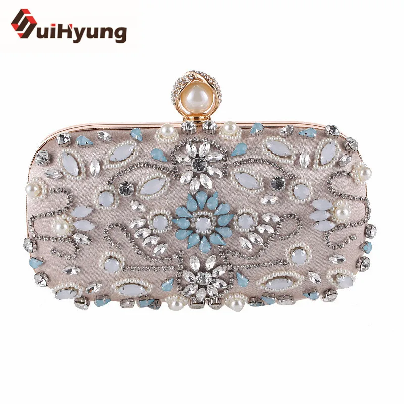 

2017 New Women's Hand-beaded Evening Bag Gem Pearl Flower Clutch Bags Party Bride Handbag Small Purse Diamond Chain Shoulder Bag