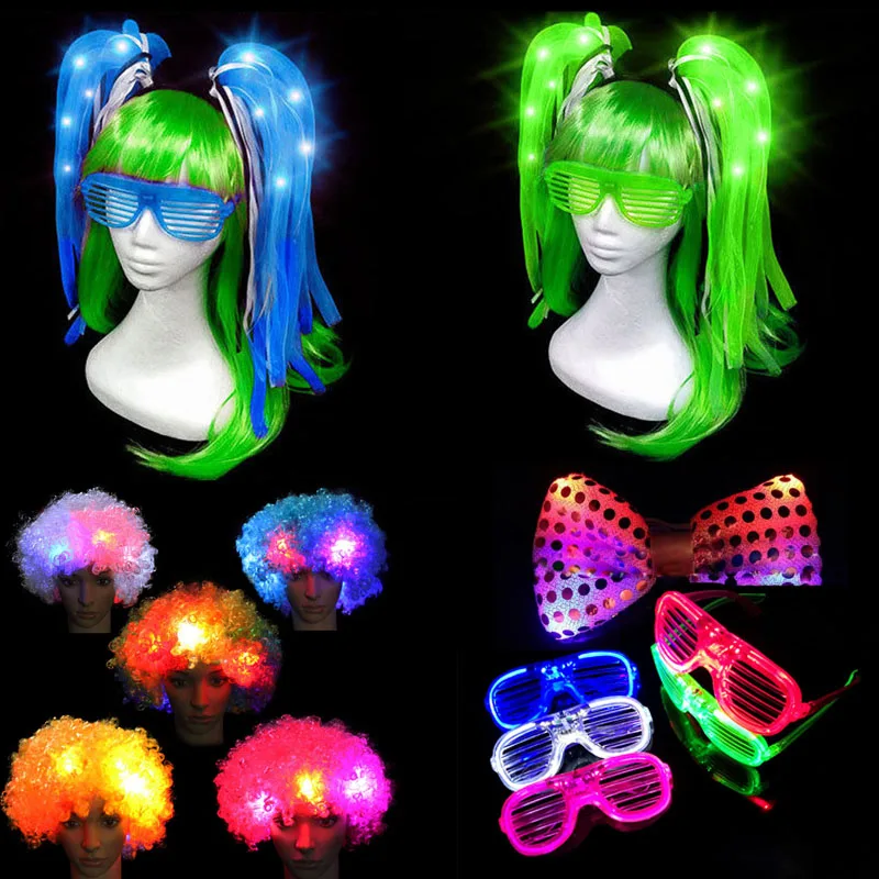 

Glow Hair Braid Glasses Blinking Bow Eye Mask LED Light Curly Hair Wig Fans Birthday Party Supplies Led Party