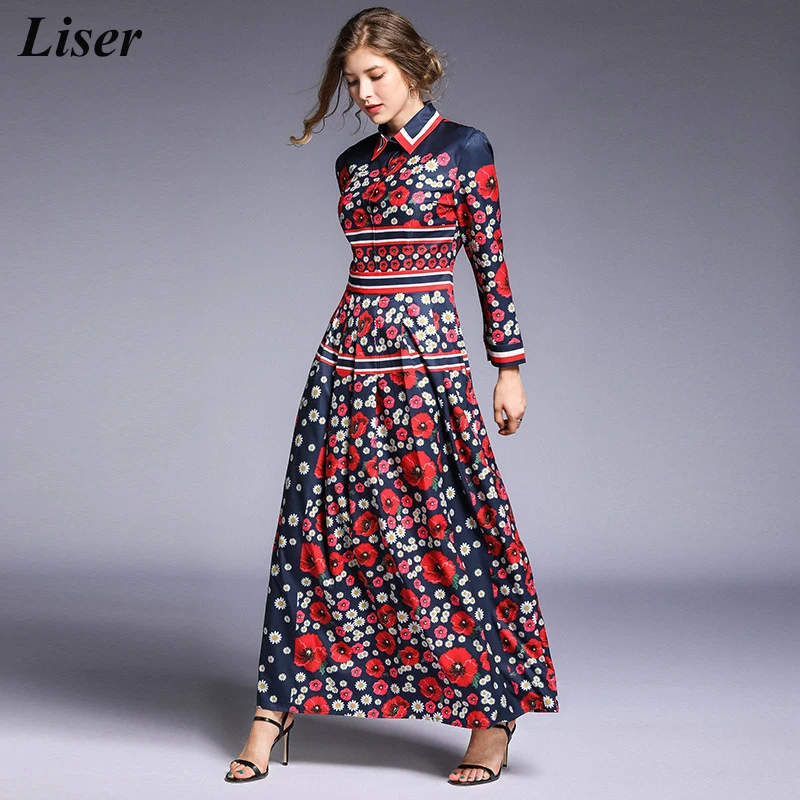 

LISER Women Spring Autumn Vintage Party Dresses 2019 Elegant Print Floral Pleated Maxi Long High Quality Dress Vestidos Robe