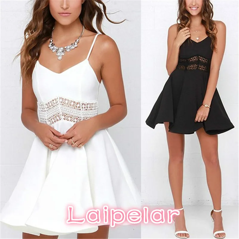 

White Black Vestidos 2018 Summer Fashion Women Sexy Strap V Neck Crochet Lace Waist Skater Dress Casual Party Mini Short Dresses
