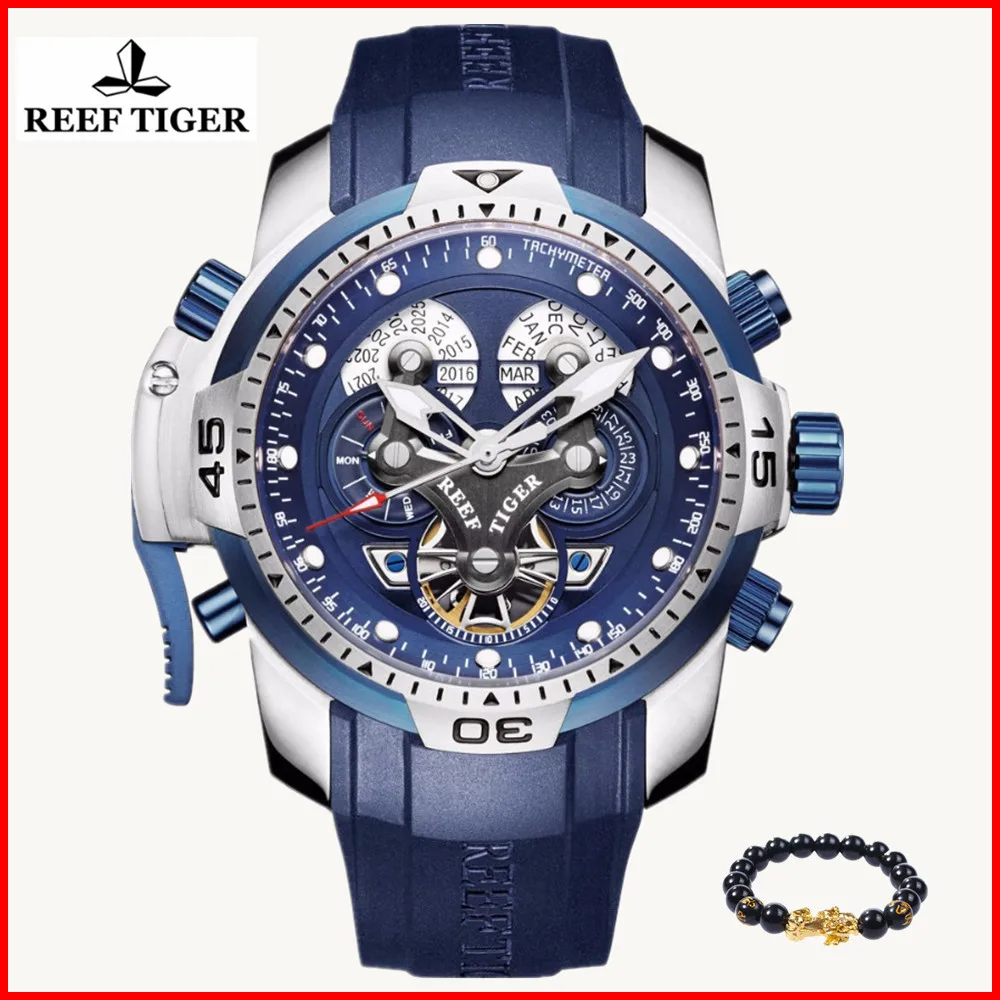 

Reef Tiger/RT Sport Military Watch for Men Rubber Fashion Blue Dial Watch Tourbillon 100M Waterproof Mechanical Watches RGA3503