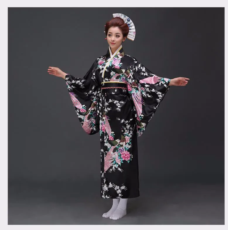 Винтажные Вечерние платья женские сексуальные атласные кимоно юката с Obi танцевальное платье для выступлений японский косплей костюм один размер - Цвет: Черный