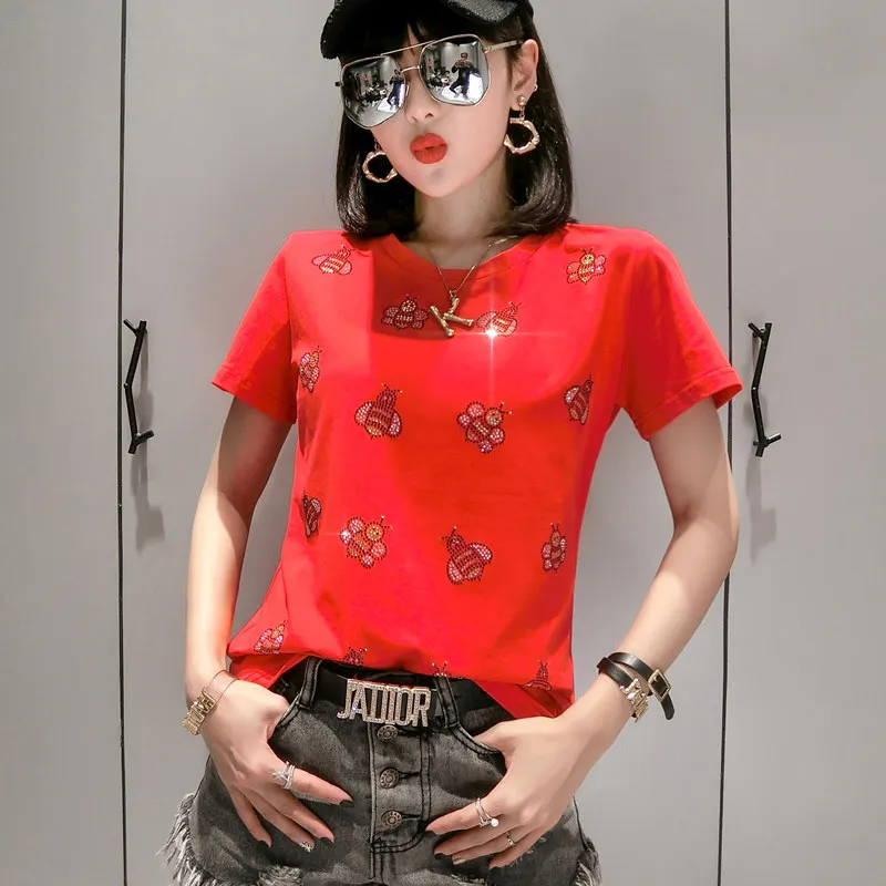 

2019 women's Rhinestone bead short sleeve t-shirts Female diamond Tops white Beading printing bees woman summer Cotton Tees