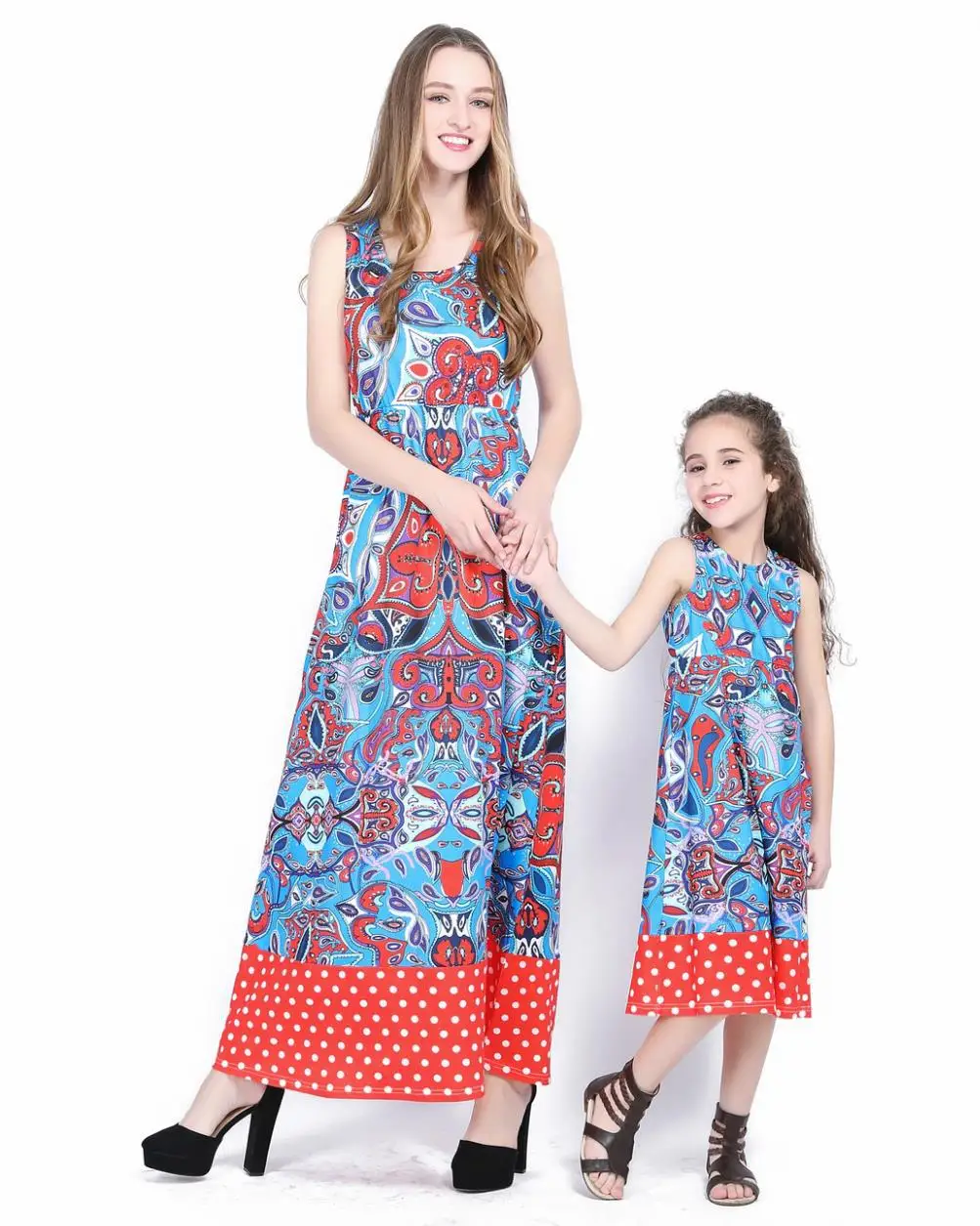 2018 Hot Sale New Family Mother Daughter Clothes Match Ankle-length Maxi Dress Matching Outfits Gown Polka Fot Mommy And Me | Мать и