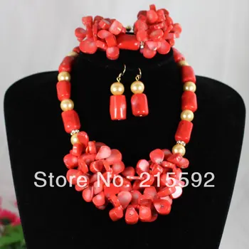 

2014 New African Wedding Bridal Jewelry Set Coral/Gold Pearls Costume Jewelry Set Free Shipping CJ033