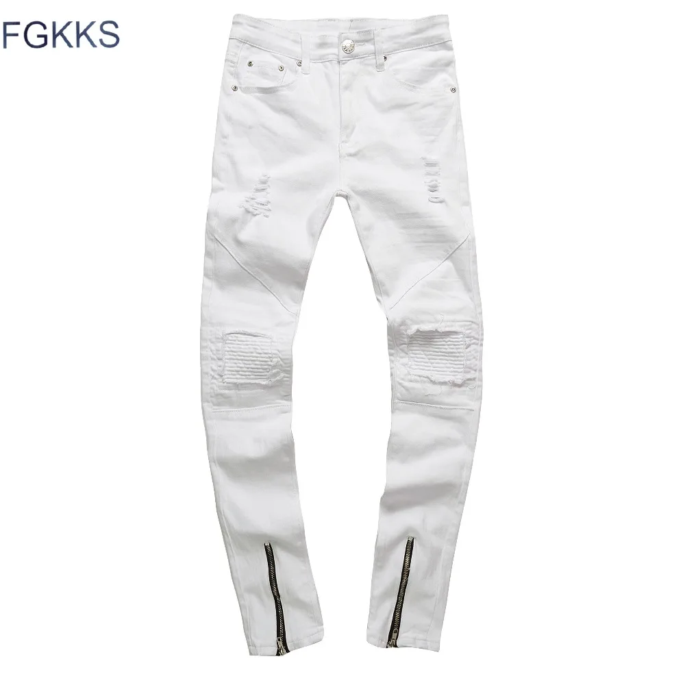 FGKKS узкие джинсы для мужчин s белые дырочные хип-хоп джинсовые брюки на молнии карандаш западные байкерские джинсы модные рваные джинсы для