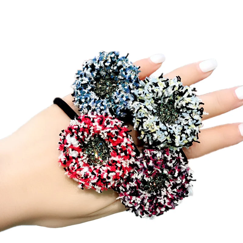 Wool studded super flash diamond flower hair ties rope chic elastic