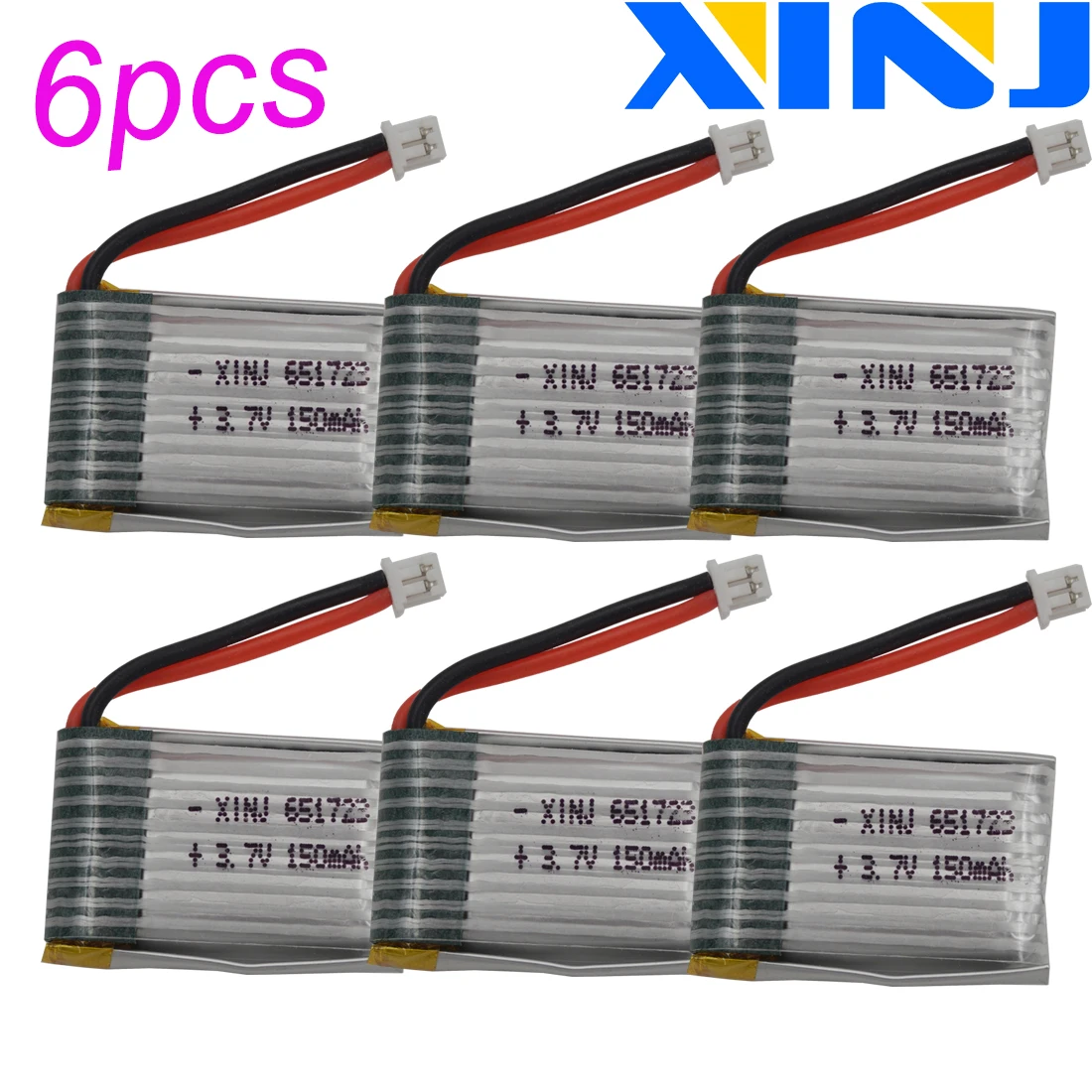 

XINJ 6pcs 3.7V 150mAh 20C 2p JST 1.25mm 651723 Li-Polymer battery for JRC H20 H36 NH010 Drone Efficient Mini four-axis aircraft