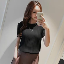 Pleated shirt female fold T-shirt solid color loose large code pleated skirt body length Chiffon T-shirt free shipping