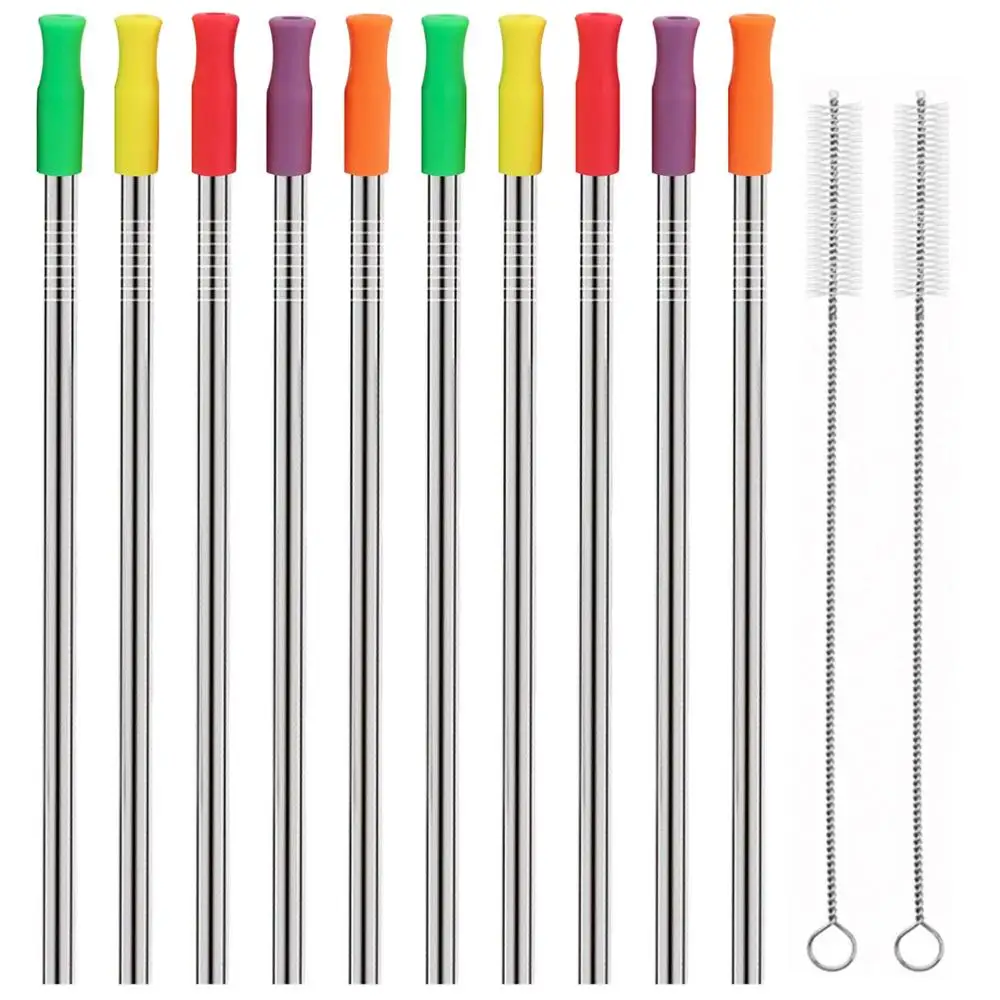 

Reusable Drinking Straw High Quality 304 Stainless Steel Metal Straw with 2 Cleaner Brush and Coloured tips For Bar Party Cafe