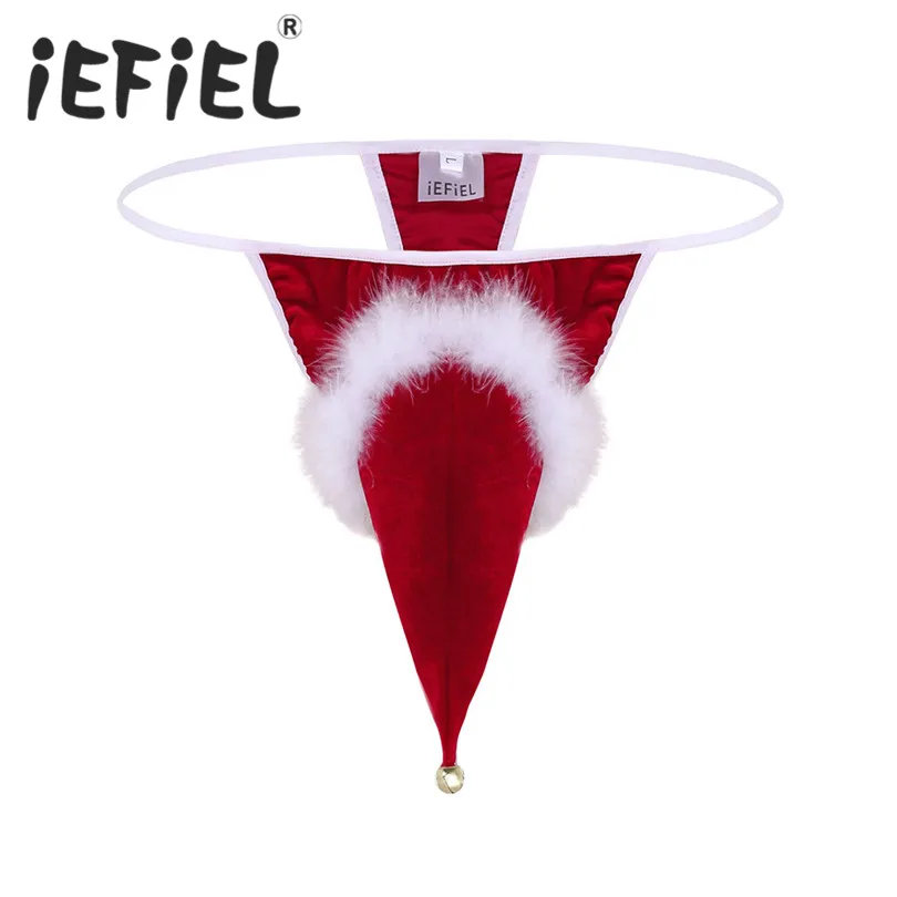 

Newest Sexy Mens Male Lingerie Velvet Santa Hat Red Christmas Holiday Fancy Cosplay G-string Thong Underwear with Small Bell