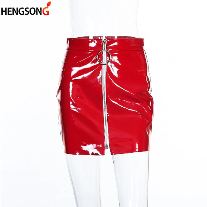 High Waist Glossy Short PU Leather Skirt Women Mini Skirt Sexy Zipper Ring Punk White Black