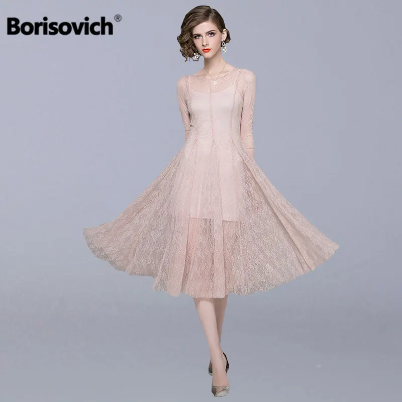 

Borisovich Women Casual Lace Dress New Brand 2018 Autumn Fashion Big Swing A-line Elegant Slim Ladies Party Long Dresses N137