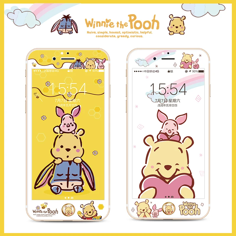

Winnie bear for iPhone 7 screen protector for iPhone 6/6s tempered glass HD film for 8 7 plus cute soft edge front film+ sticker