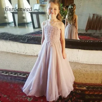 

Gardenwed 2019 Pink Lace Flower Girl Dresses For Weddings Applique Halter Open Back Birthday First Communion Dresses For Girls