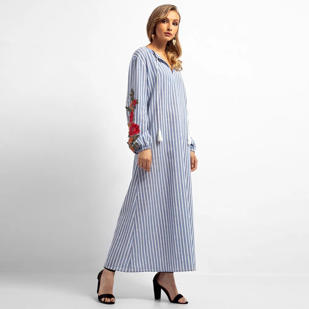 Embroidery Flower Dress Women Spring V-Neck Long Sleeve Casual Dresses Party Ladies Simple Striped Printed Maxi Long Dress #LH Embroidery Flower Dress Women Spring V-Neck Long Sleeve Casual Dresses Party Ladies Simple Striped Printed Maxi Long Dress #LH