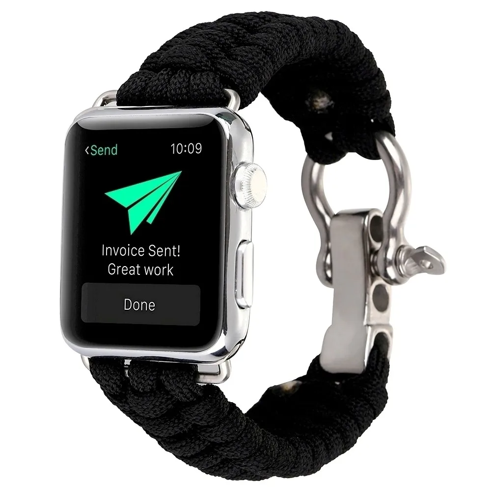 Спорт на открытом воздухе ремешок для Apple Watch Band 42 мм 44 мм 38 мм 40 мм веревка для выживания металлический болт застежка браслет для iWatch 5 4 3 2 - Цвет ремешка: Черный