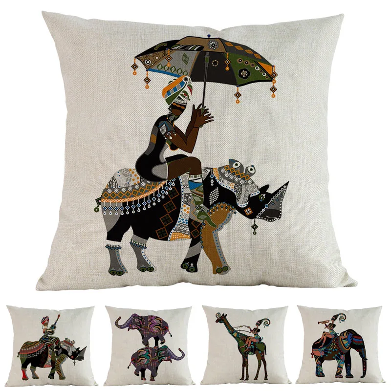 

Africa Ethnic Circus Music Life Collection African Woman Traditional Costumes Elephant Pillow Case Home Decorative Cushion Cover