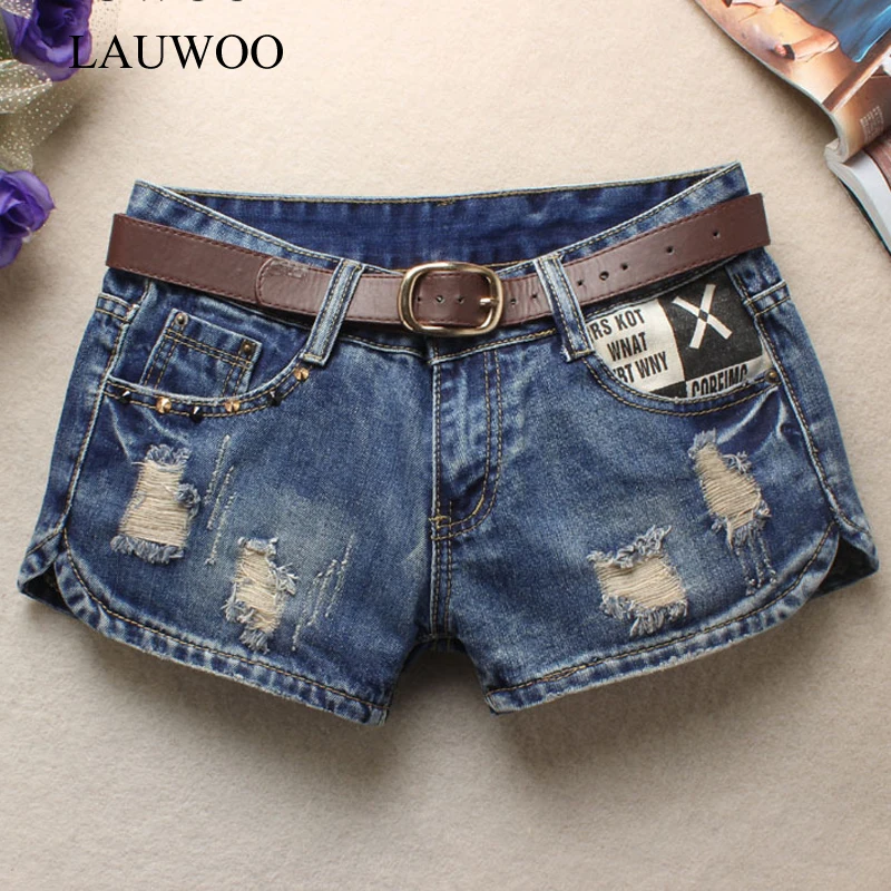 LAUWOO, летние джинсовые шорты для женщин, сексуальные мини шорты, женские джинсовые шорты с заклепками и дырками, шорты с низкой талией, без пояса