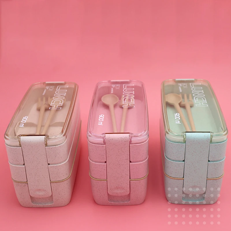 

900ml With tableware Healthy Material Lunch Box 3 Layer Bento Boxes Microwave Dinnerware Food Storage Container Lunchbox